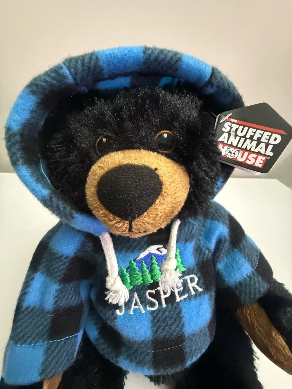 Stuffed Animal House Black Bear Plush Blue Plaid Hoodie Jasper Canada Souvenir